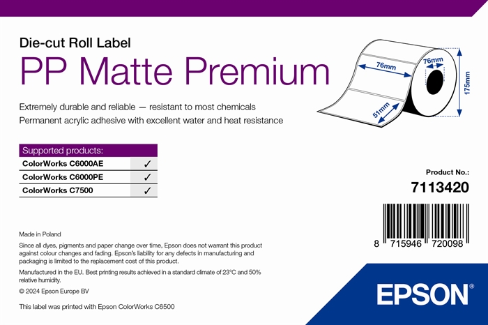 Epson PP Matte Label Premium, Die-cut Roll, 76mm x 51mm, 2310 Labels