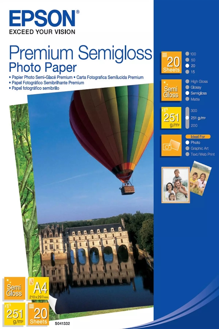 Epson A4 Premium Halvglans Fotopapper 251 g/m², 20 ark