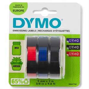 Tape Embosser 9mm x 3m (röd/blå/svart), 3-pack